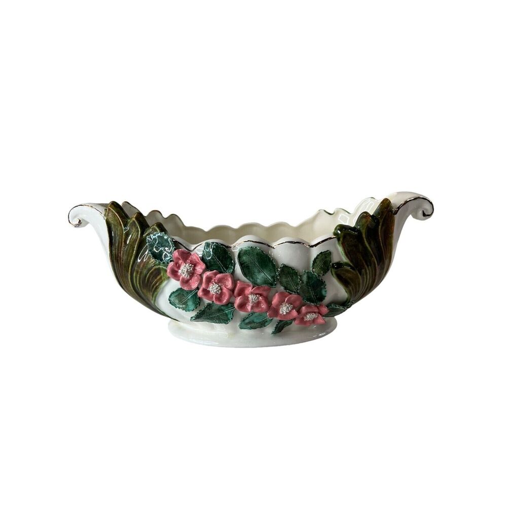 Vintage Ceramic Floral Bowl Planter Raised Pink Flowers Green Leaves Handmade